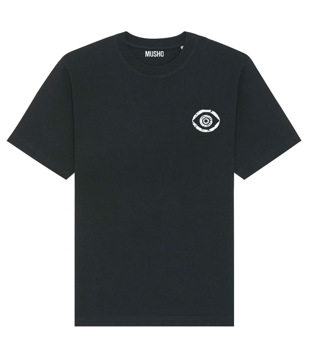 Black t-shirt with a white eye logo on a white background