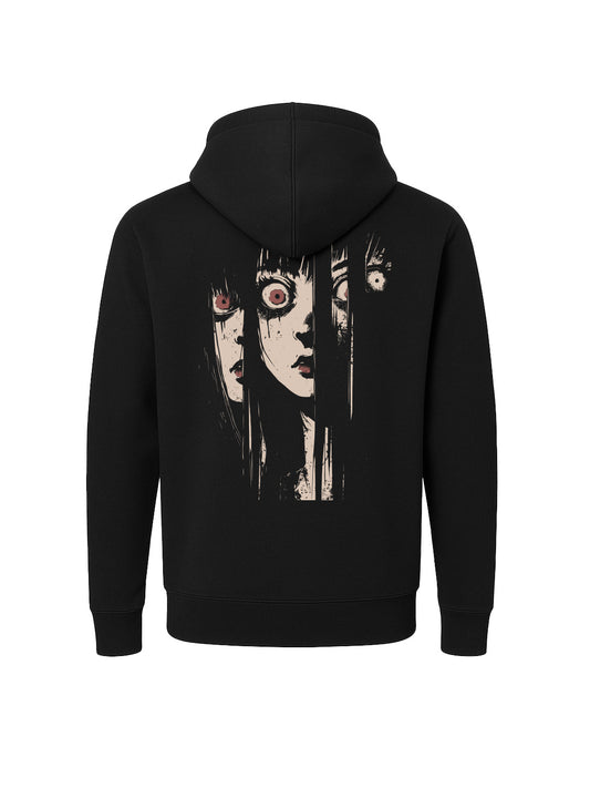 Black hoodie with a graphic design on the back against a white background