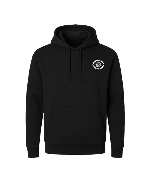 Black hoodie with a white logo on a white background