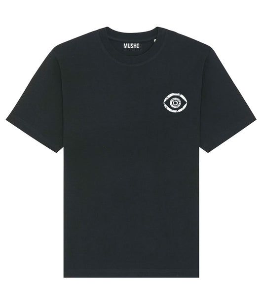 Black t-shirt with a white eye logo on a white background