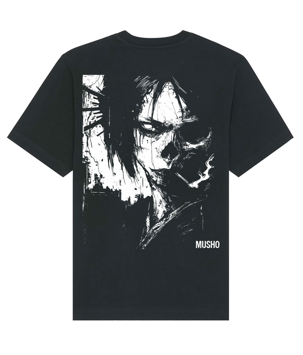 Black t-shirt with a graphic design of a face and the brand 'Musho' on a white background