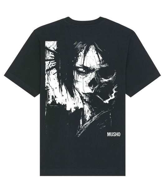 Black t-shirt with a graphic design of a face and the brand 'Musho' on a white background