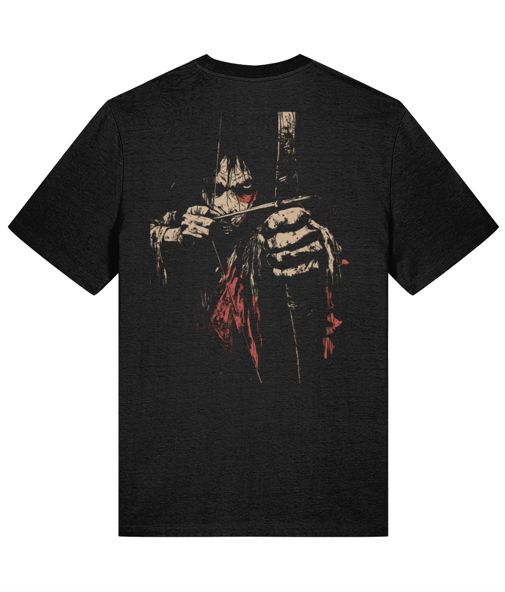 Black t-shirt with a graphic design of a character holding a sword on a white background