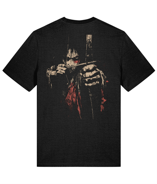 Black t-shirt with a graphic design of a character holding a sword on a white background